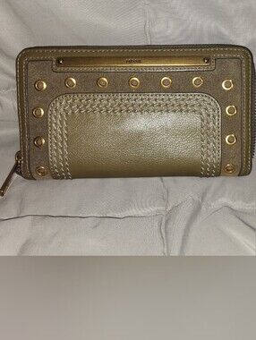 Fossil Olive Green Zip-Around Wallet with Gold Accents